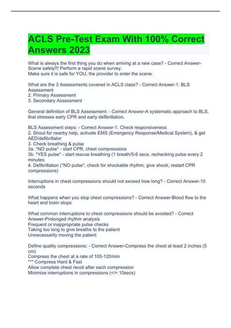 ACLS Pre-Test Exam With 100% Correct Answers 2023 - Acls - Stuvia US