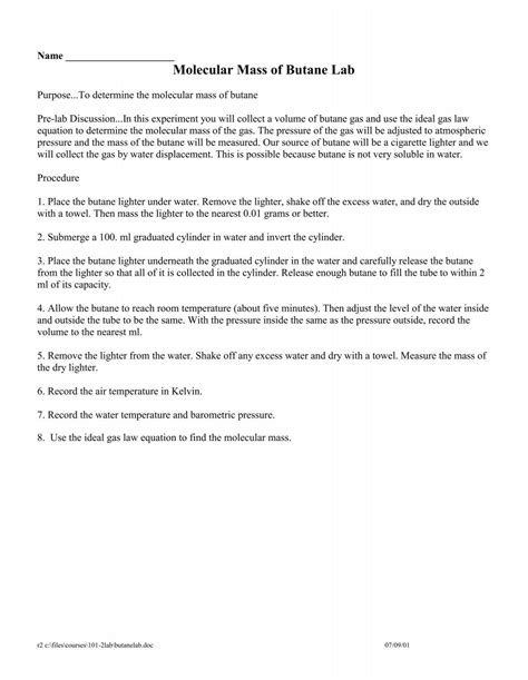 Molecular Mass of Butane Lab
