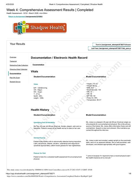 NR 509 Shadow Health Comprehensive Assessment; Tina Jones-STUDY PACKAGE ...