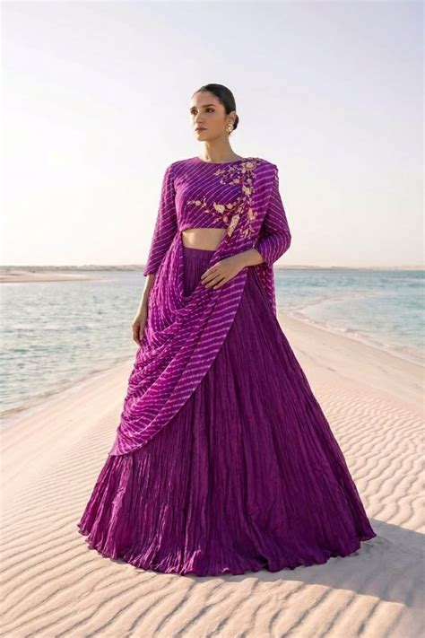 Purple Bandhani Drape Crush Skirt with attached Crop Top
