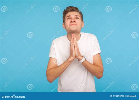 Please, God I`m Begging! Portrait of Beseeching Man in Casual White T ...