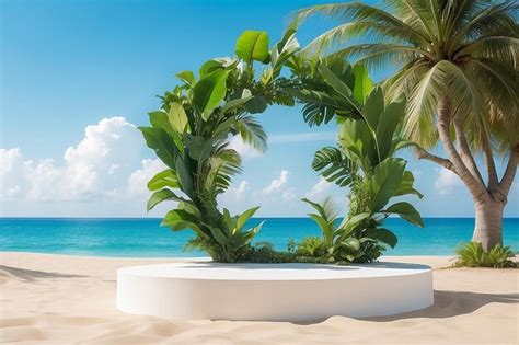 A white podium in roundshaped displayed on the sand with a big tree ...