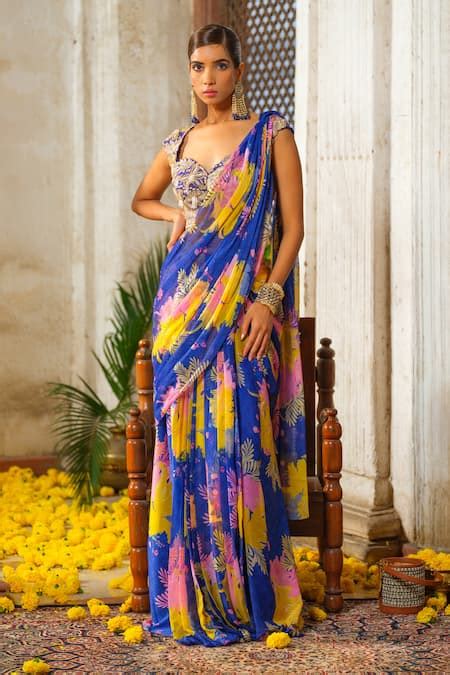 Buy Blue Saree Chiffon And Amaerican Crepe Pre-draped With Embroidered ...