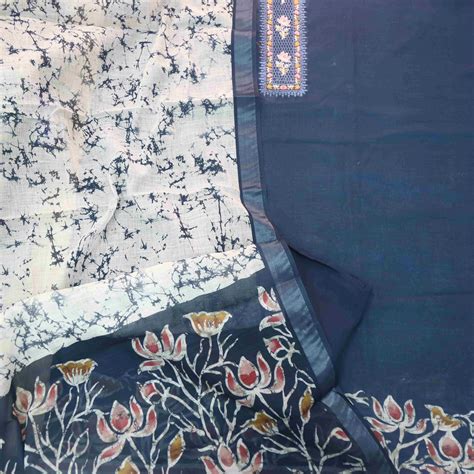 Noorani Navy Blue Thread Embroidered Neck Work Cotton linen suit Set ...