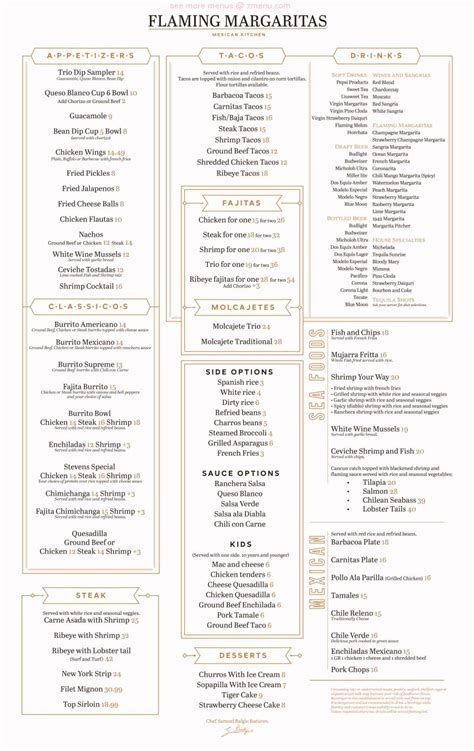 Menu at Flaming Margaritas restaurant, Branson, 76 Country Blvd