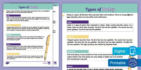 Third Grade Types of Poetry Reading Comprehension Activity