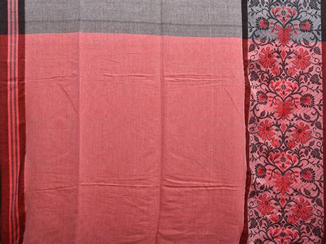 Grey and Red Pure Cotton Jacquard Plain Saree with Big Floral Border D ...
