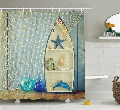 Blue Shower Curtain Nautical Decor Boat Standing against the Wall with ...