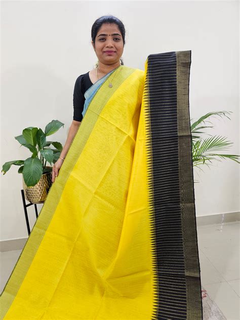 Korvai Weaving Semi Raw Silk Saree - Yellow with Black – Looms Legacy