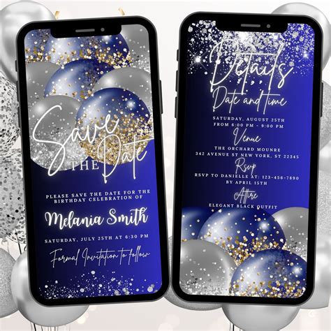 Digital Save the Date Invitation Blue Silver, Electronic Balloons ...