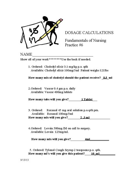 Dosage CALC Practice #6-answers - DOSAGE CALCULATIONS Fundamentals of ...