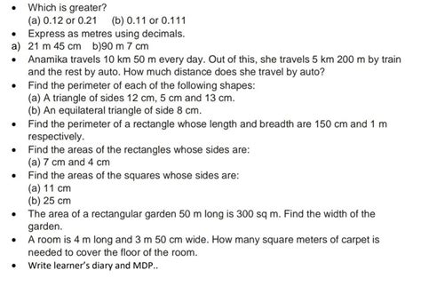 Which is greater? (a) 0.12 or 0.21 (b) 0.11 or 0.111 Express as metres ...