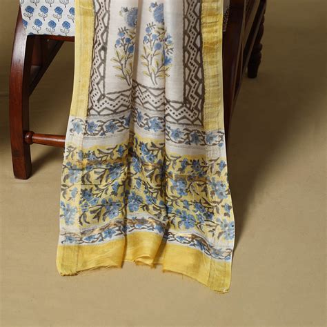 Yellow Maheshwari Silk Sanganeri Hand Block Print 3pc Unstitched Dress ...