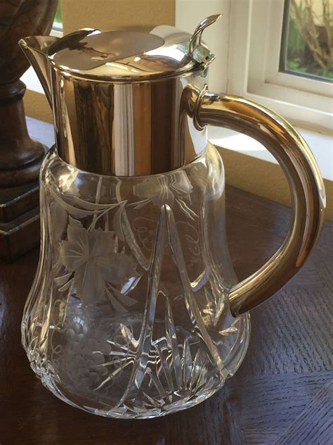 Vintage Glass Pitcher With Silver Lid Etched Grapes on Glass - Etsy
