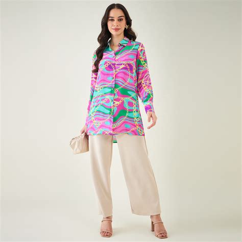 Pink and Green Marine Wave Print Shirt – First Resort by Ramola Bachchan