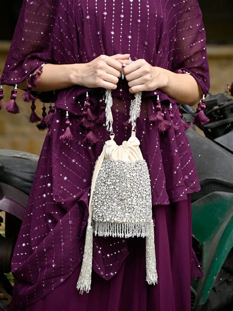 Odette Women Apricot Velvet Embellished Potli Bag