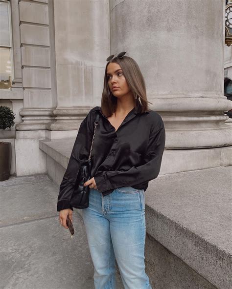 Black satin shirt and blue mom jeans, London street style outfit inspo ...