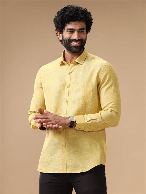 Mens Pure Linen Shirt Yellow L91