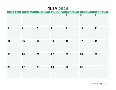 July 2026 Printable Calendar | Calendar Quickly