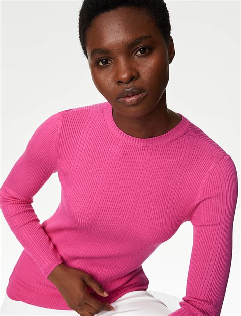 Buy Ribbed Crew Neck Fitted Knitted Top at Marks & Spencer
