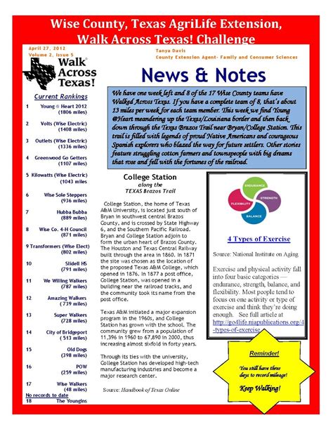 Texas A&M Agrilife Extension - Wise County: Walk Across Texas Newletter