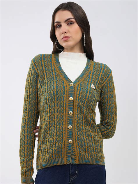 Buy Women Mustard Self Design V Neck Full Sleeve Cardigan Online in ...