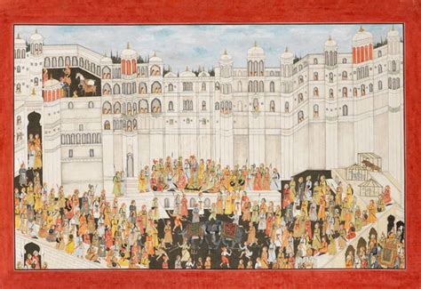 A Ruler In Durbar Watching An Elephant Fight - Mewar 19Th Century ...