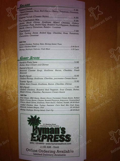 Menu at Hyman's Seafood restaurant, Charleston