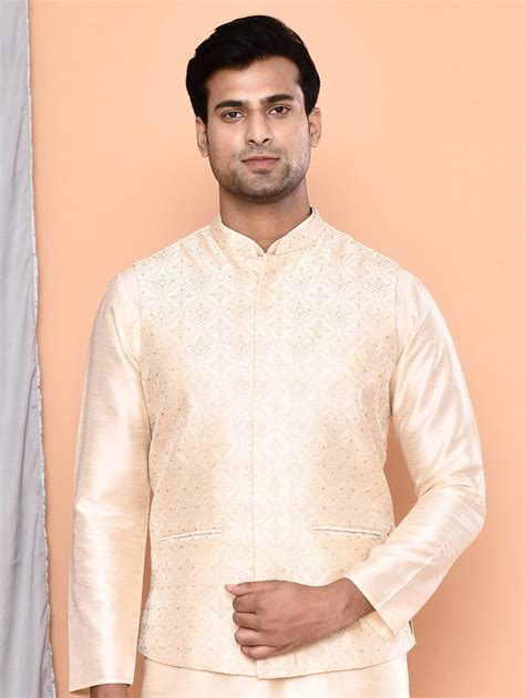 Men's Embroidered Beige Kurta & Jacket Set – Maahi Fabs