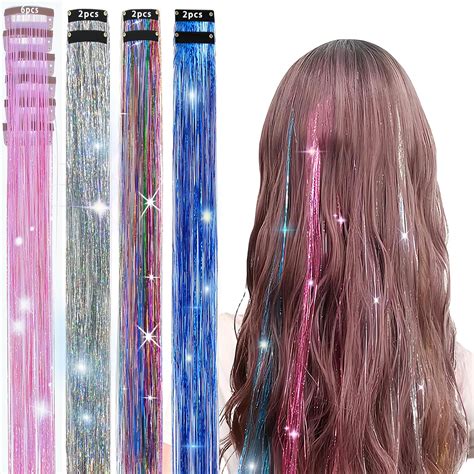Amazon.com : Kisajar Clip in Glitter Hair Tinsel Extensions - 12 Pack ...
