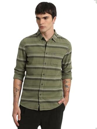 THE BEAR HOUSE Men Green Striped Slim Fit Cotton Casual Shirt : Amazon ...