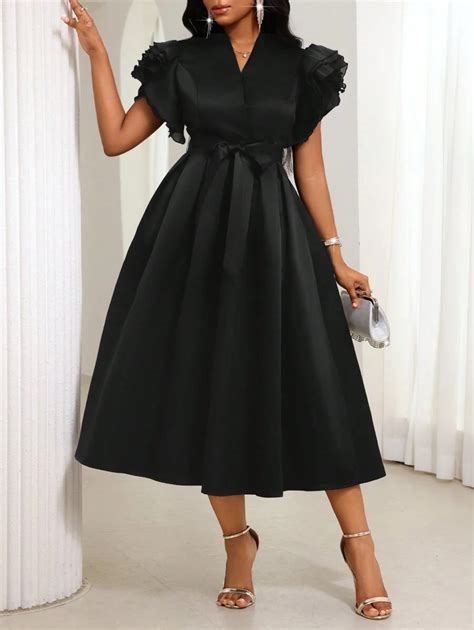 SHEIN Lady Women's Elegant Black V-Neck Ruffle Sleeve Pleated Mid ...