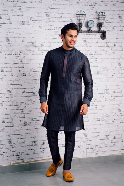 Charcoal Black Kurta With Vertical Tuck Detailing (Only Kurta ...