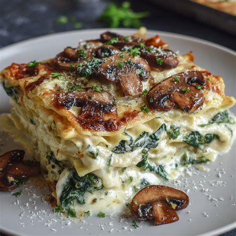 Spinach Mushroom White Lasagna with Creamy Sauce & Cheese