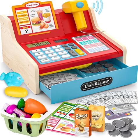 Amazon.com: 2026 Wooden Toy Cash Register for Kids,Rechargeable ...
