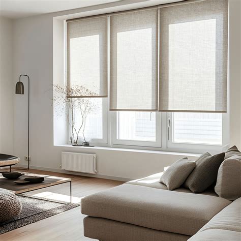 Modern Minimalist Living Room with Light-Filtering Fabric Roller Blinds ...