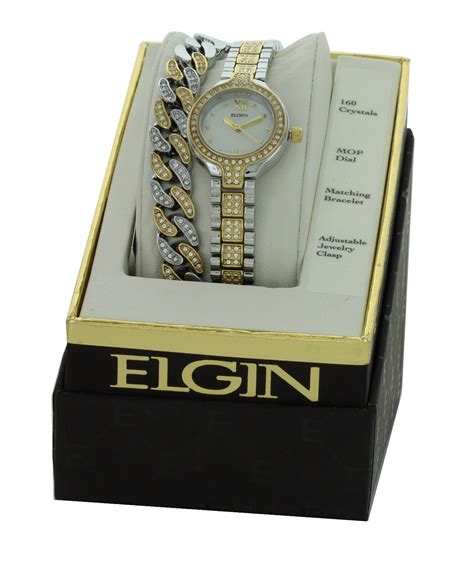 Elgin Womens Mother of Pearl Watch & Bracelet Set Genuine Crystals ...