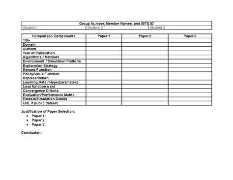 Comparision Table Template - Group Number, Member Names, and BITS ID ...