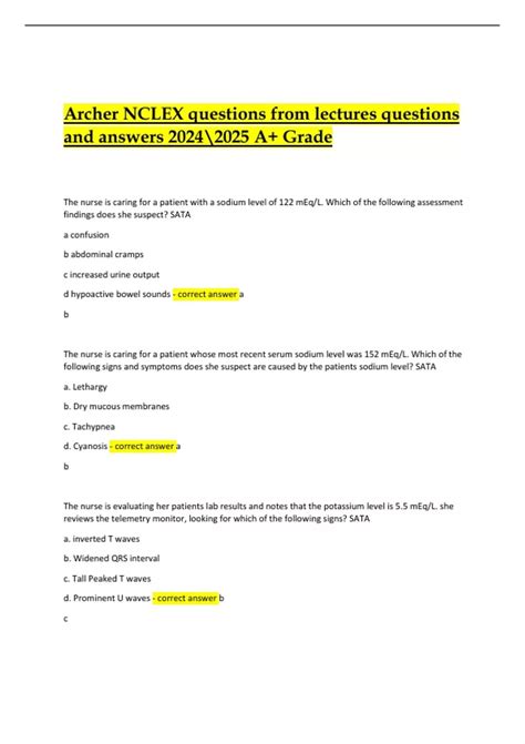 Archer NCLEX Questions and Answers from Lectures with Verified ...