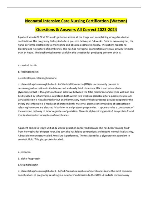 Neonatal Intensive Care Nursing Certification (Watson) Questions ...