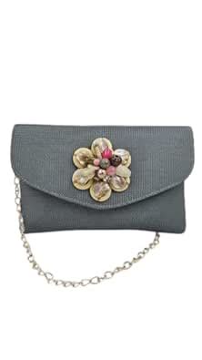 Sagun - Elegant Evening Clutch Purse, Grey Textured Fabric with Floral ...