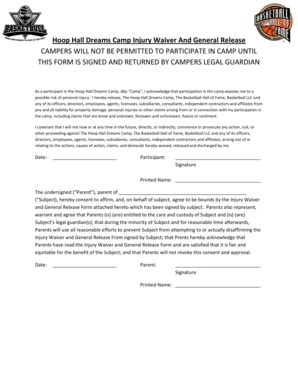 Fillable Online basketbull Hoop Hall Dreams Camp Injury Waiver And ...