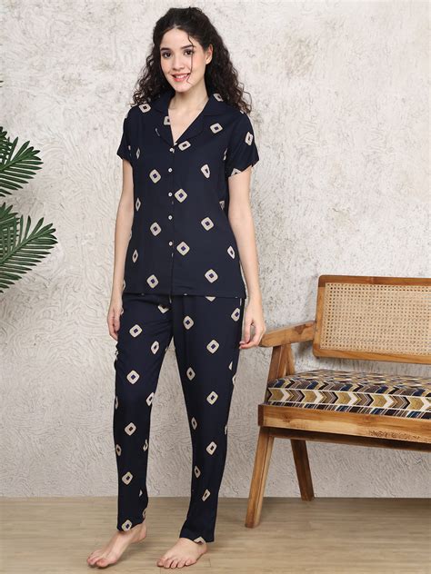Night Suit for Women - Navy Blue Viscose Abstract | Claura