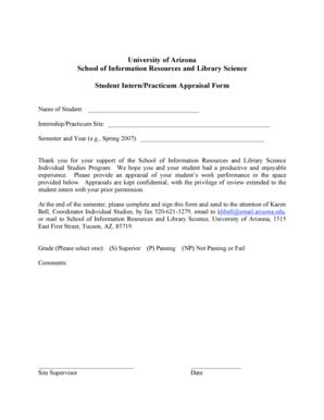 Fillable Online sirls arizona Student Appraisal Form - School of ...