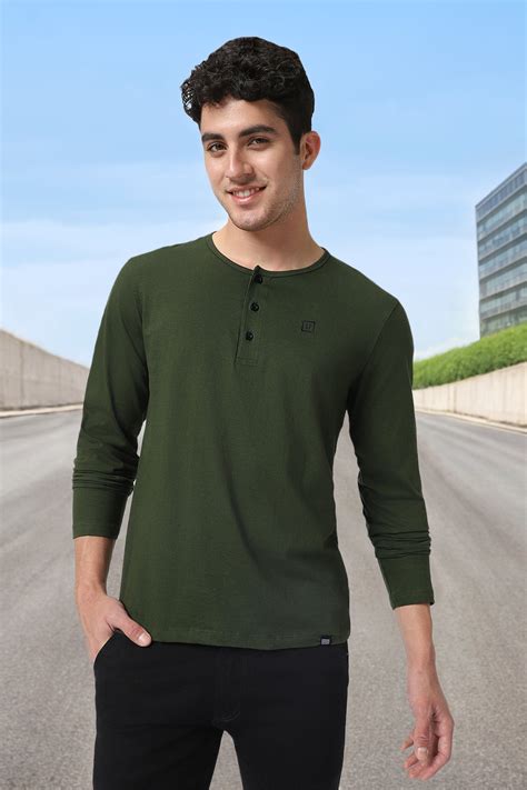 Men's Olive Green Solid Henley Neck Slim Fit Cotton T-Shirt – Urbano ...