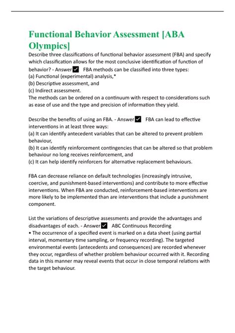 Functional Behavior Assessment [ABA Olympics] - FBA - Stuvia US