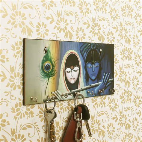 Radhe Krishna Theme Wooden Key Holder with 7 Hooks - eCraftIndia Online