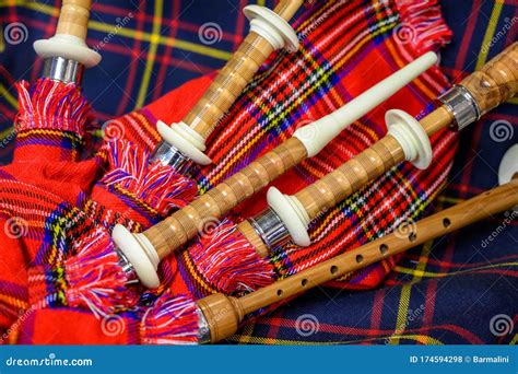 Scottish Folk Antique Musical Instrument Bagpipes and Colorful Tartan ...