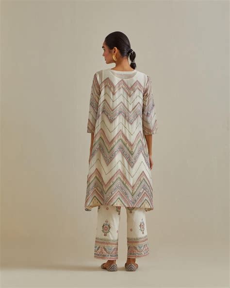 Pink and off-white cotton chanderi A-line kurta set with all over embr ...