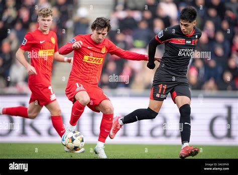 FCN's Gustav Wikheim in a match with FC Midtjylland's Dario Osorio ...